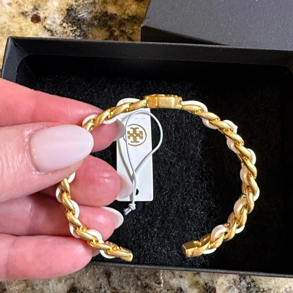 Tory Burch Gold and White leather cuff Bracelet